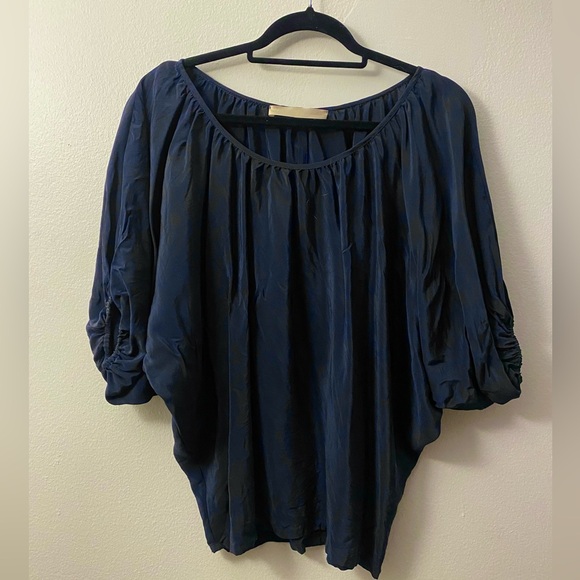 100% Silk Navy Blue Dolman Puff Sleeve Top Size S - Picture 1 of 8